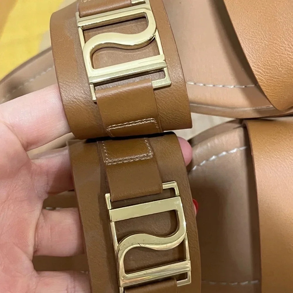ASOS sandals River Island Double Strap Sliders slides flats brown nude gold - Picture 4 of 6